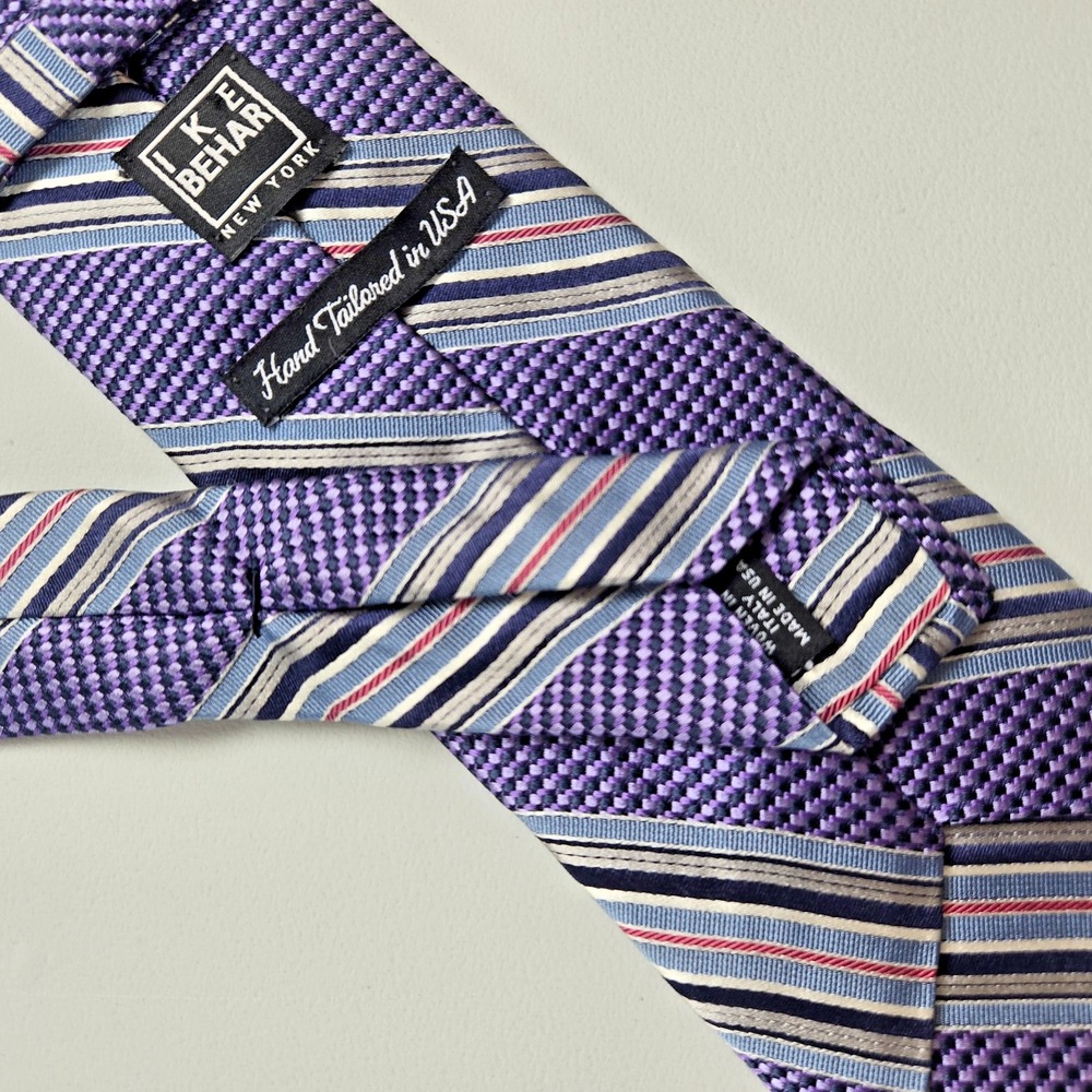 Ike Behar New York Mens Silk Tie Purple Blue Striped Hand Tailored USA Italy